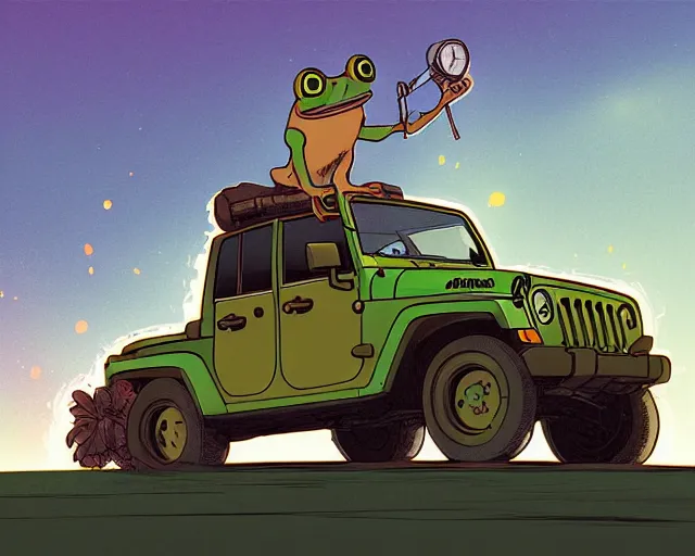 Image similar to a study of cell shaded cartoon frog driving a jeep on a desert road, street lamps, road, illustration, wide shot, subtle colors, post grunge, concept art by josan gonzales and wlop, by james jean, victo ngai, highly detailed, sharp focus, trending on artstation, hq, deviantart, art by artgem