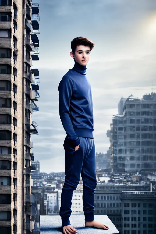 Image similar to un ultra high definition studio quality photographic art portrait of a young man standing on the rooftop of a british apartment building wearing soft padded silver pearlescent clothing. three point light. extremely detailed. golden ratio, ray tracing, volumetric light, shallow depth of field. set dressed.