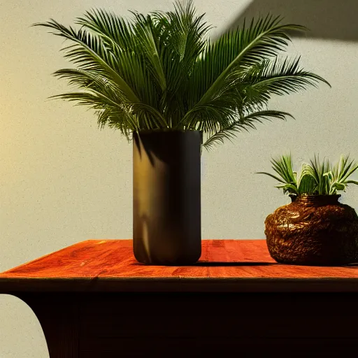 Image similar to a large vase with palms on top of a antique wooden table, vegetables on table and candle, medieval concept art, cinematic lightning and colors, vray tracing, rendered in unreal engine, dark lightning, contrast shadows, super detailed, 8 k