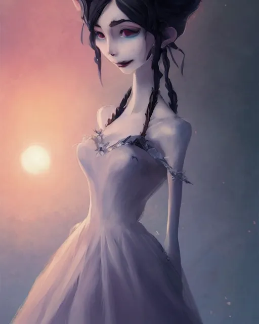 Image similar to elegant mysterious solemn victoria everglot from the corpse bride, portrait, illustration, rim light, top light, summer clear blue sky, perfectly shaded, soft painting, art by krenz cushart and wenjun lin
