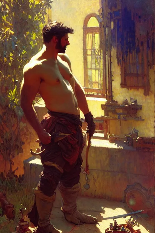Image similar to attractive man, blacksmith, cool colors, painting by gaston bussiere, craig mullins, greg rutkowski, alphonse mucha