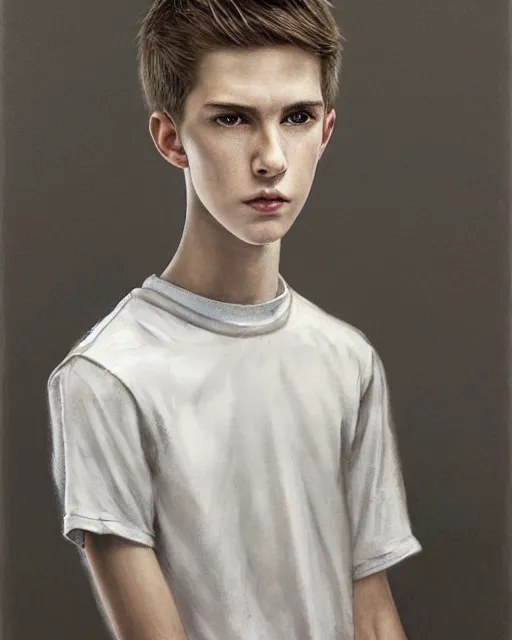 Image similar to portrait of 1 5 - year - old boy, a tall, slender boy with a pale, pointed face, white - blond hair, ice grey eyes, a pale complexion with sharp and pointed features, hyper realistic face, beautiful eyes, fantasy art, in the style of greg rutkowski, intricate, hyper detailed, smooth