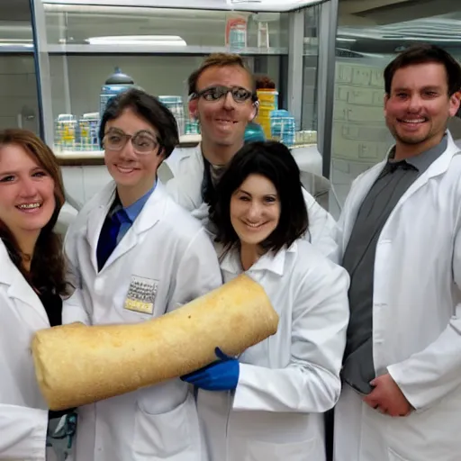 Image similar to chemists in white coats are eating a giant roll.