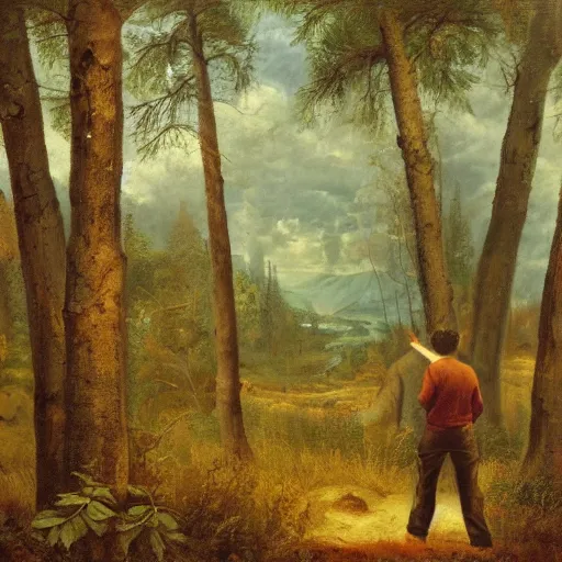 Prompt: a man looking in the forest to see an oversized terrifying monster, dramatic oil painting