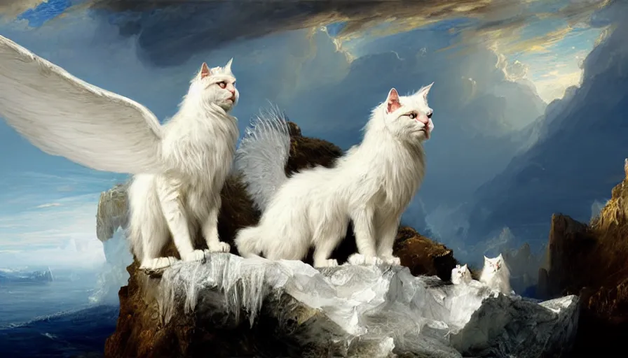 Image similar to highly detailed painting of white giant griffon cat bears with large feathered wings on a blue and white iceberg by william turner, by greg rutkowski, by william constable, thick brush strokes and visible paint layers, 4 k resolution