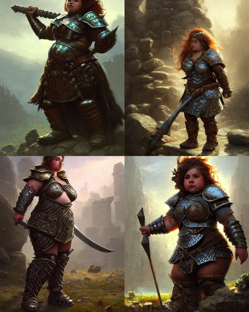 Prompt: chubby female dwarf warrior wearing heavy plate armor, robust stocky body, at the stone ruins, rpg artwork, hyperdetailed, hyperrealistic, soft light, imposing presence, pino daeni and dan mumford, artstation, intricate metal, smooth, sharp focus