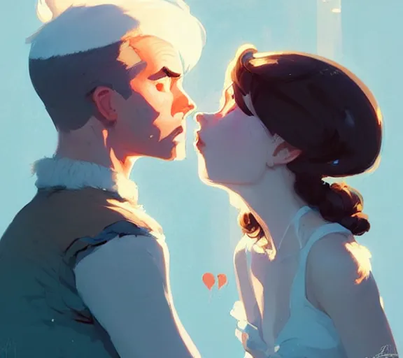 Prompt: portrait will kissing elisabeth by atey ghailan, by greg rutkowski, by greg tocchini, by james gilleard, by joe fenton, by kaethe butcher, dynamic lighting, gradient light blue, brown, blonde cream and white color scheme, grunge aesthetic