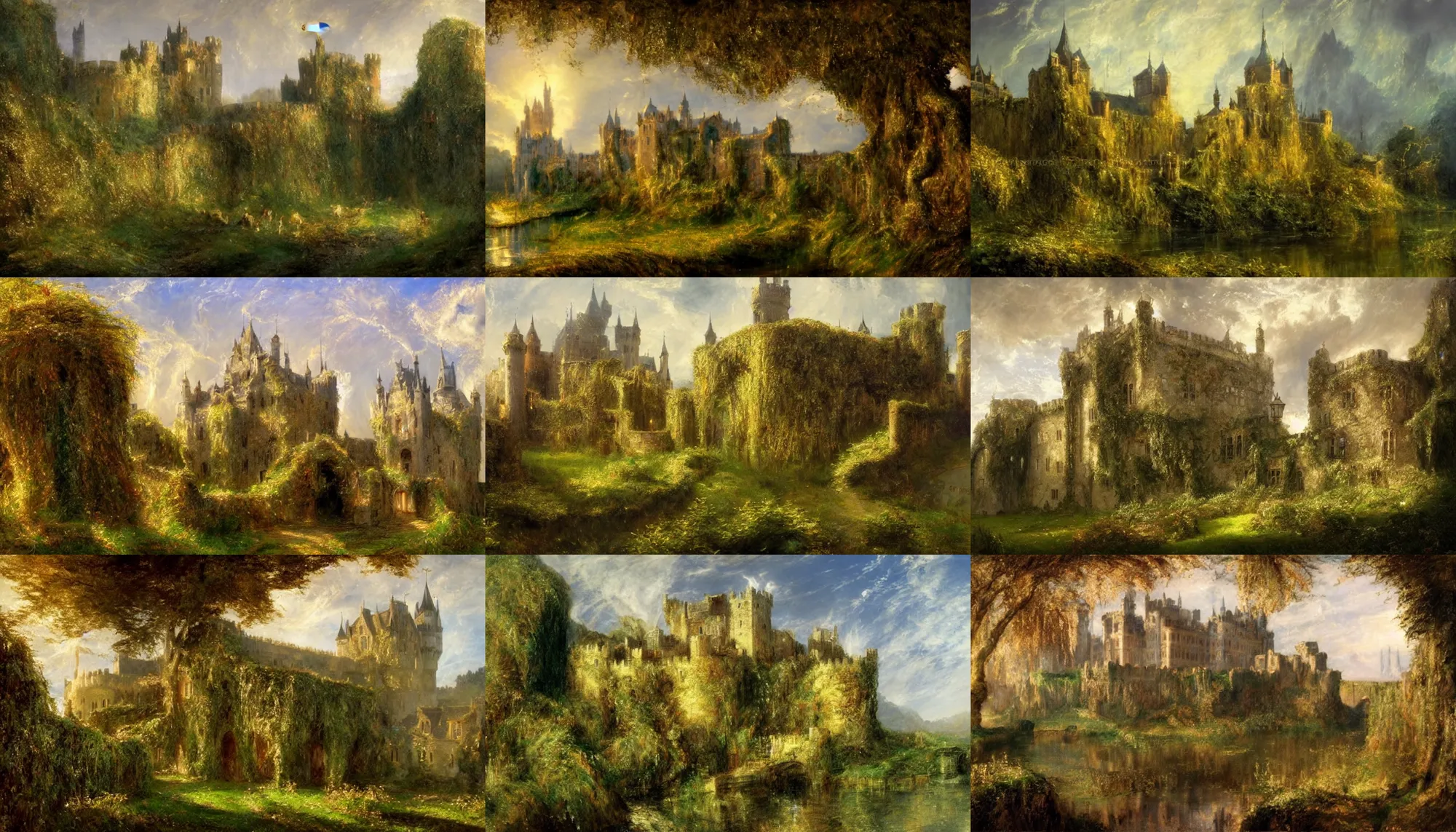 Prompt: concept art of beautiful castle covered with ivy by turner, cinematic composition, golden hour