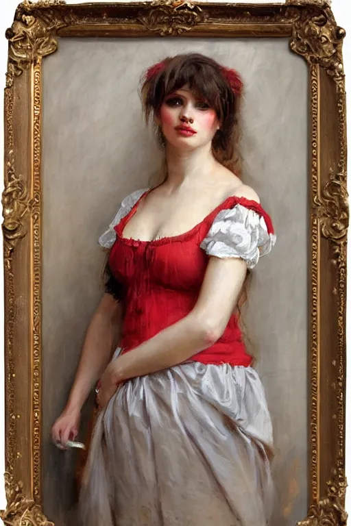 Prompt: Solomon Joseph Solomon and Richard Schmid and Jeremy Lipking victorian genre painting full length portrait painting of a young beautiful woman traditional german french Brigitte Bardot barmaid in fantasy costume, red background