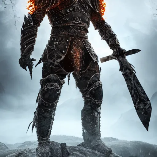 Prompt: full-body-portrait photo brutal nordic Warrior, wearing intricate steel armor, holding magical fiery battle-axe, sharp focus, highland landscape with few trees background, magical aura, heroic pose, fantasy style, octane render, volumetric lighting, 8k high definition, highly detailed, trending on ArtStation, centered