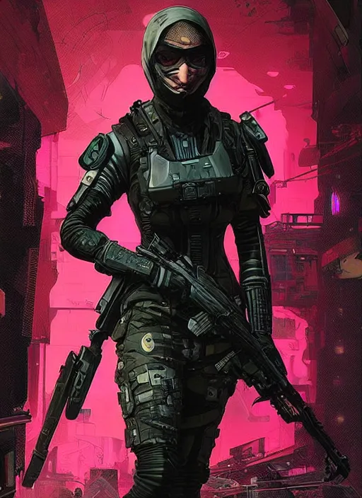 Prompt: gorgeous cyberpunk blackops assassin. hijab. night vision. tactical stealth suit. portrait by ashley wood and alphonse mucha and laurie greasley and josan gonzalez and james gurney. spliner cell, apex legends, rb 6 s, hl 2, d & d, cyberpunk 2 0 7 7. realistic face. dystopian setting.