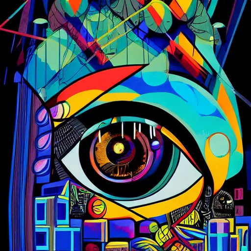 Image similar to a painting of an eye surrounded by various objects, cyberpunk art by lale westvind, behance contest winner, cubo - futurism, tesseract, biomorphic, psychedelic