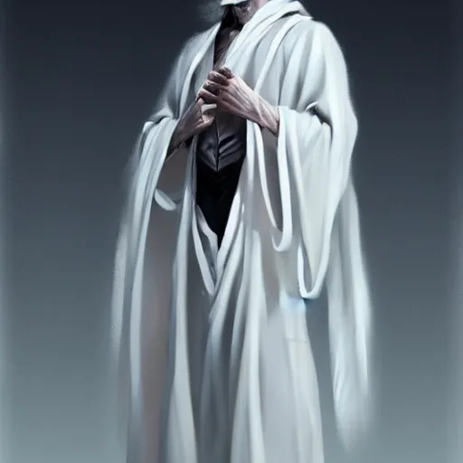 Image similar to fantasy painting of a pale man dressed in robes with a black blade, painted by Bayard Wu, ultra detailed, 8k