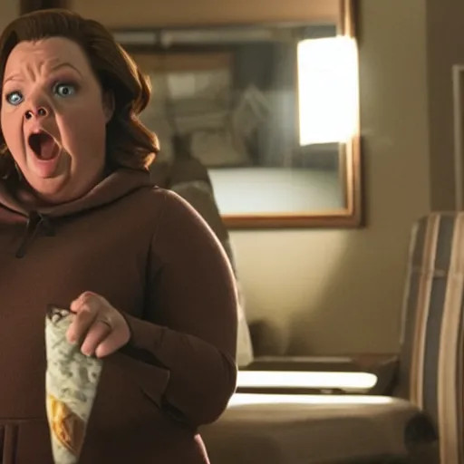 Image similar to movie shot from a sci - fi absurdist comedy with ricky gervais played by melissa mccarthy, dramatic