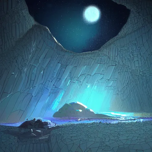 Image similar to a diamond mine, lots of diamonds unearthed, a lights is being reflected all around the dark cave mine, luminous Color’s, murial art, concept art.