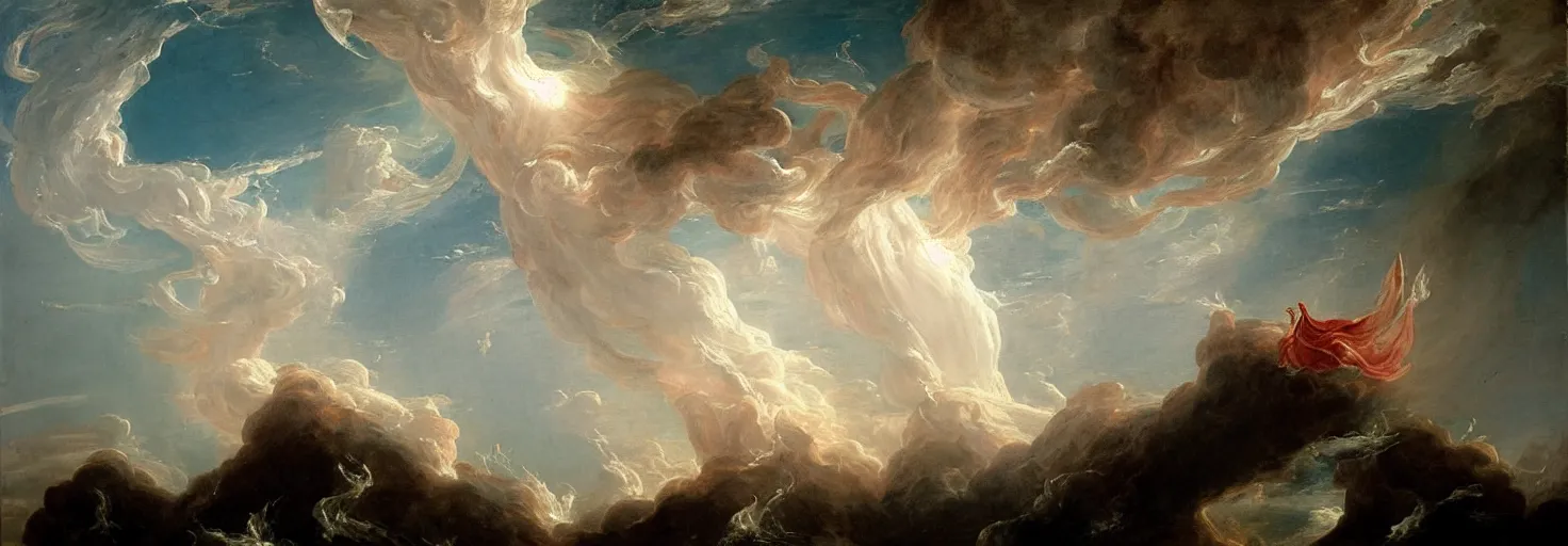 Prompt: a painting of a hand descending from the clouds demanding payment, in the style of an epic Thomas Cole painting