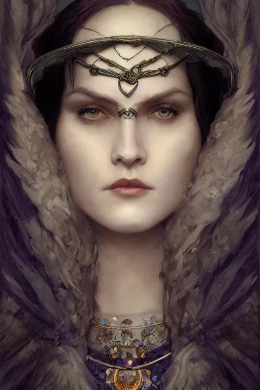 Prompt: a portrait of the Raven Queen, bored, illustration, dramatic lighting, soft details, painting oil on canvas, art nouveau, octane render, HDR, 4k, 8k, HD, by Edmund Blair Leighton, Brom, Charlie Bowater, trending on artstation, faces by Tom Bagshaw, Sargent