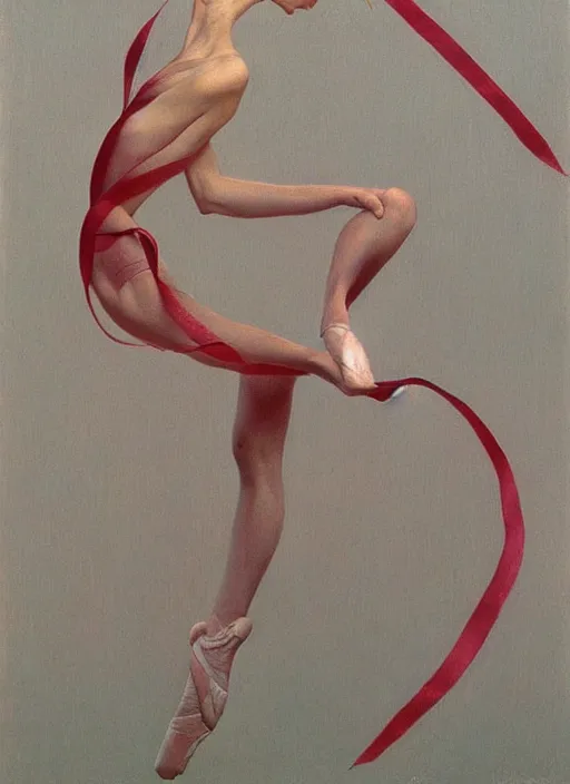 Prompt: ballerina ribbons, painted by zdzislaw beksinski
