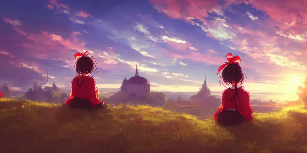 Image similar to reimu sitting on a hill off to the side looking down upon danish town, during dawn, cinematic, very warm colors, intense shadows, anime illustration, anime screenshot composite background