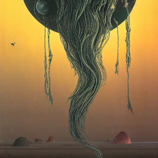 Prompt: retro dark vintage sci - fi 2 d matte illustration, huge jellyfish hanging above city under night sky, art by szukalski, beksinski, 4 k symmetrical portrait