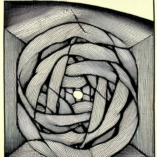 Prompt: an ornate illustration in the style of mandalic escher, wood engraving print, showing a geometric knot in a wheat field