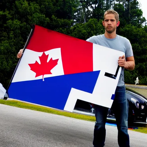 Image similar to Paul Walker holding Canadian flag next a blue r34 skyline, painting