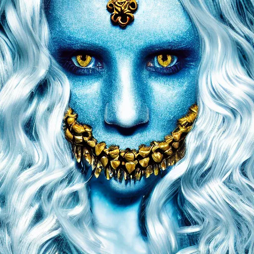 Prompt: a photograph portrait of an ornate golden queen with ice blue eyes, photo-realistic, icy, skeletal, horror