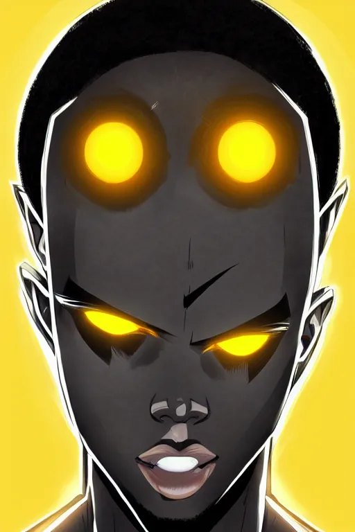 Image similar to glowing black male anime character, golden hair, yellow eyes, symmetrical, highly detailed, digital art, sharp focus, trending on art station, ninja, electricity superpowers, anime art style