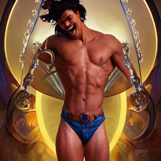 Prompt: character concept, full body, symmetrical, laughing young man with strong body. detailed, high quality, dynamic lightning, fantasy, scenematic. artwork by artgerm, wlop, alex ross, greg rutknowski, alphonse mucha