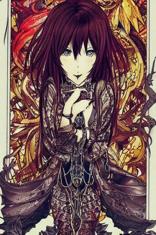 Image similar to makise kurisu, intricate, amazing line work, colorful, tarot cards, the devil tarot card