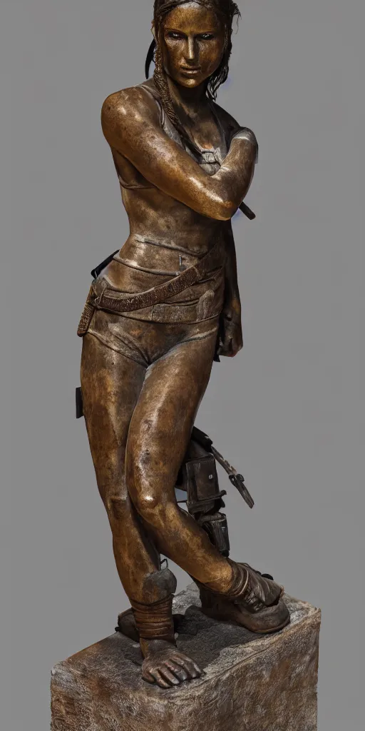 Prompt: detailed photo of an old bronze patina statue of a beautiful lara croft posing for a portrait, intricate detail, museum diffuse lighting