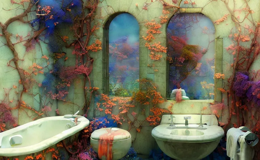 Image similar to bathroom, fantasy. intricate, amazing composition, colorful watercolor, by ruan jia, by maxfield parrish, by marc simonetti, by hikari shimoda, by robert hubert, by zhang kechun, illustration, gloomy