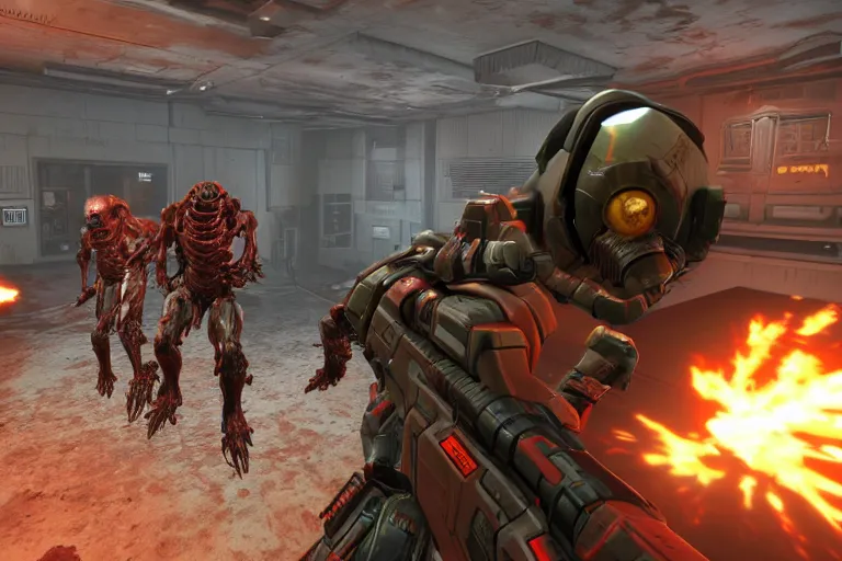 Image similar to a photo of doom slayer killing zombies in half life 2, photorealistic, 8 k