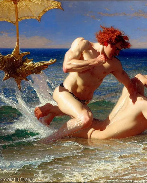 Prompt: attractive god neptune splashing water on handsome god poseidon during low tide at the beach, painting by gaston bussiere, craig mullins, j. c. leyendecker,