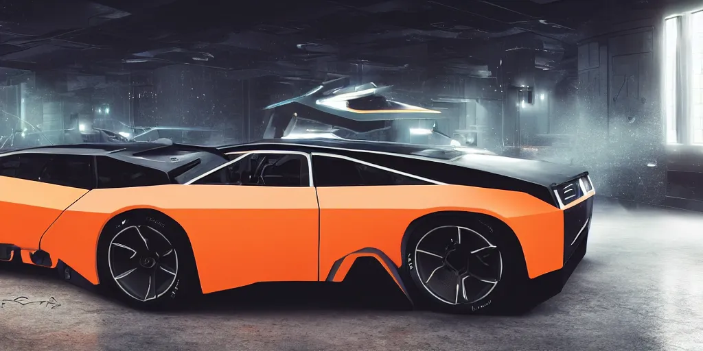 Image similar to a design of a futuristic DMC Delorian, designed by Polestar, blade runner background, back view, emerald car paint with bright orange accent detailing, black windows, sportscar, black show room, dramatic lighting, octane rendering, unreal engine rendering, hyper realistic render, depth of field, octane rendering