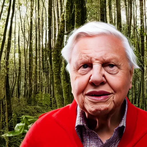 Prompt: david attenborough crawling on the ground, eyes rolled back, wearing red clothes, solid red super mario hat, eating a big red mushroom with white dots, in a forest