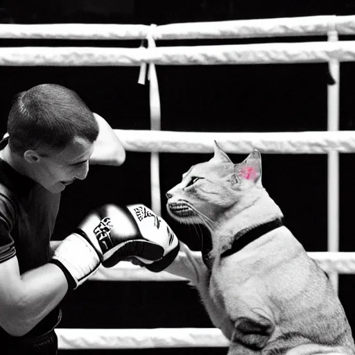 Image similar to a dog winning a boxing match against a cat