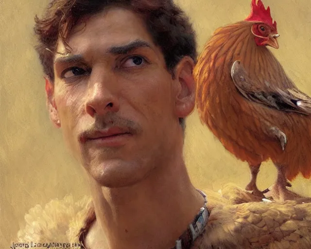 Image similar to a man dressed as a chicken, highly detailed painting by gaston bussiere, craig mullins, j. c. leyendecker 8 k