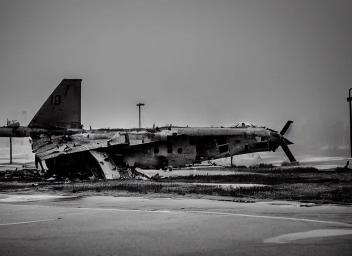 Image similar to black and white photograph of a crashed military jet in downtown kansas city missouri, rainy and foggy