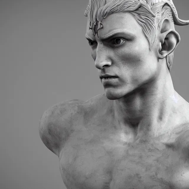 Image similar to marble sculpture of a male warrior elf, realistic, unreal engine render, octane render, hyper realistic, photo, 8 k, cinematic lighting