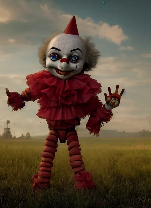 Prompt: Giant Clown from the movie IT as a robot abandoned on a dusky land, artistic pose, cinematic shot, intricate, ornate, photorealistic, ultra detailed, realistic, 100mm, photography, octane, high definition, depth of field, bokeh, 8k, artstation