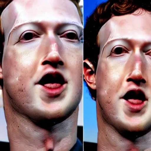 Prompt: android mark zuckerberg takes off skin suit