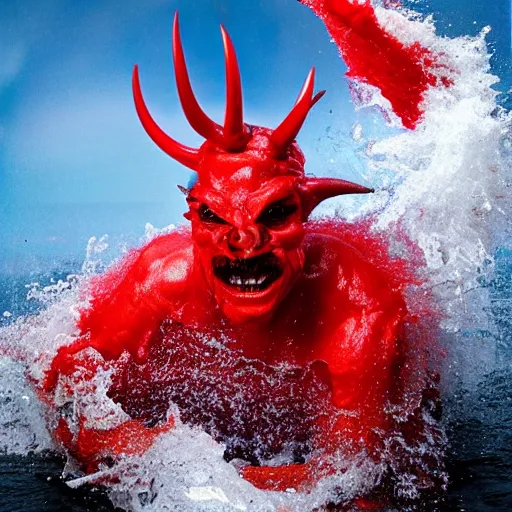 Prompt: a devilish red monster with horns emerging from boiling rough seas, close - up portrait photo by david lachapelle, masterpiece, trending on flickr