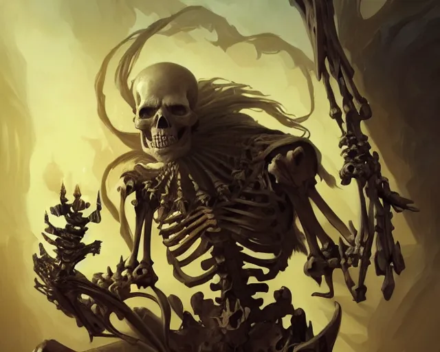 Prompt: oldman casting summon skeleton, deep focus, d & d, fantasy, intricate, elegant, highly detailed, digital painting, artstation, concept art, matte, sharp focus, illustration, hearthstone, art by artgerm and greg rutkowski and alphonse mucha