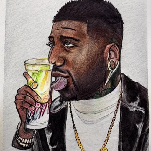 Image similar to ink and water color portrait drawing of gucci mane drinking lemonade, realistic, art nouveau