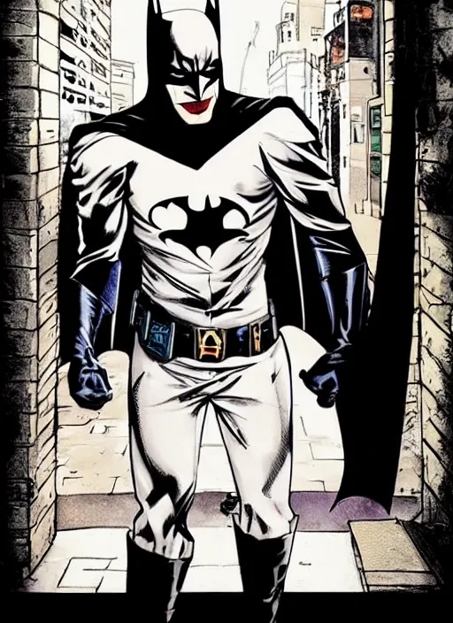 Prompt: Batman walking on street ，holding the Joker's head in his hand