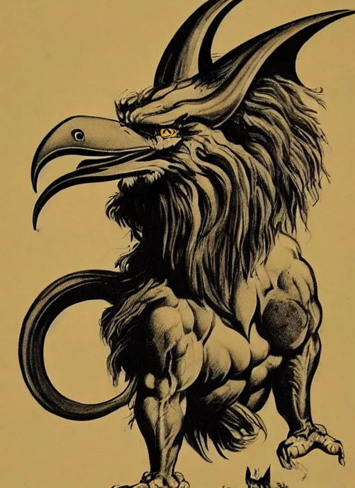 Image similar to a creature with the body and eyes of a man, with the beak of an eagle, the mane of a lion, and the horns of an ox. drawn by frank frazetta