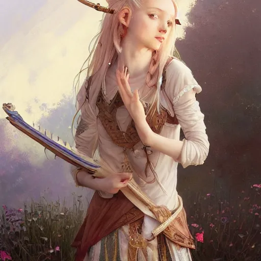 Image similar to elf fairy blond with a beautiful face, holding a lute, wearing a cardigan, highly detailed, intricate, digital painting, artstation, sharp focus, illustration, art by jakub rozalski, greg rutkowski, artgerm, tan zi and ayanamikodon and alphonse mucha and wlop