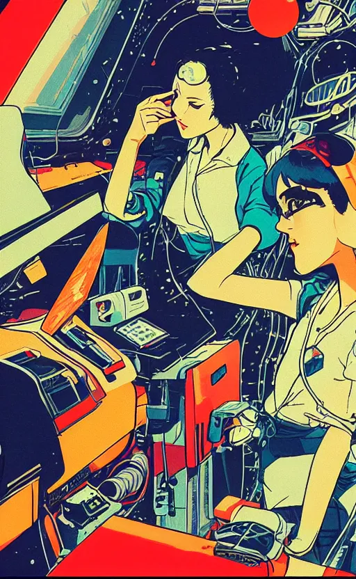 Prompt: gas station in space, sharp focus, vintage, satoshi kon, sci - fi, print, risograph, cinematic, game art