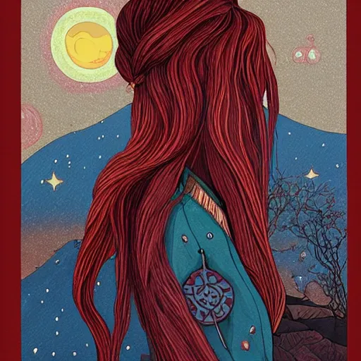 Image similar to navajo red by zeen chin, by sam bosma placid, bleak. a beautiful street art of a woman with long flowing hair, wild animals, & a dark, starry night sky.